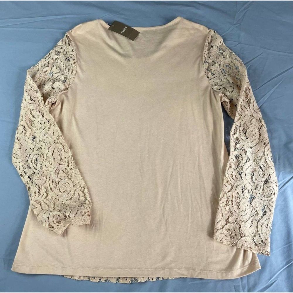 NWT Chico's Lenora Long Sleeve Lace Top Sand Pearl Size 1 US M Pullover Boho - Picture 2 of 8